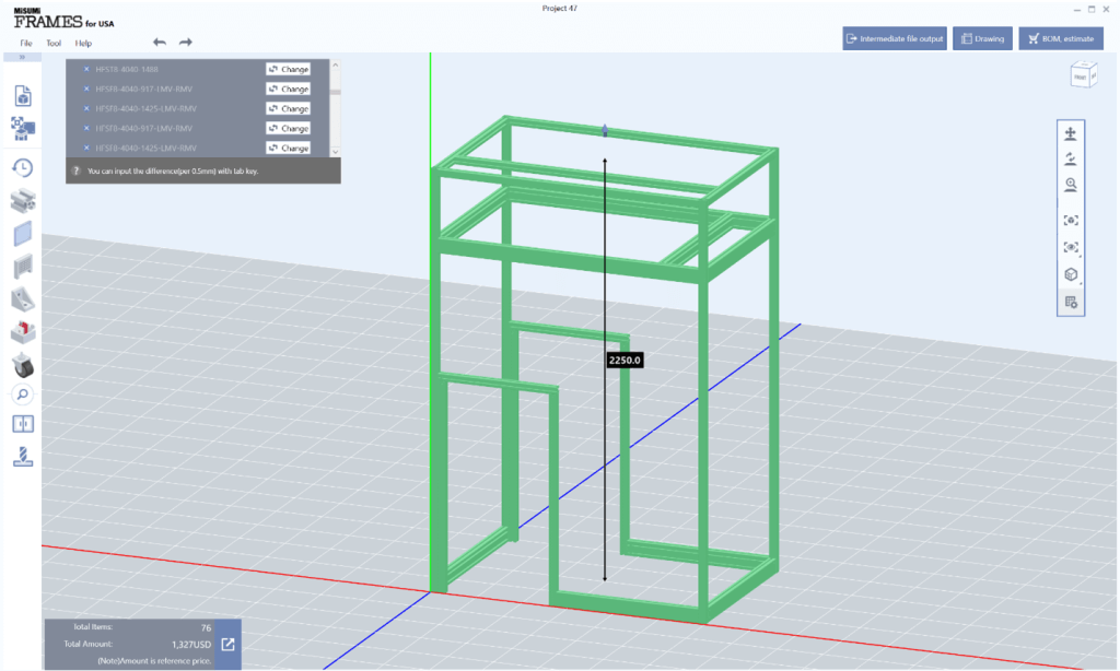 MISUMI FRAMES Software using the expand feature to extend the height.