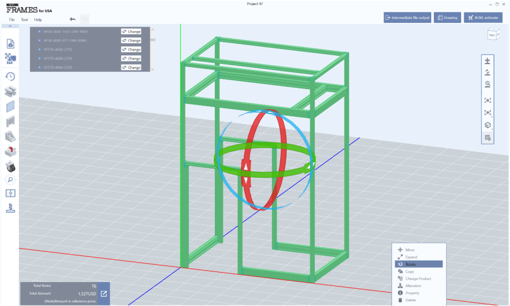 MISUMI FRAMES Software selecting the rotate feature.
