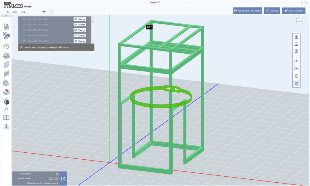 MISUMI FRAMES Software selecting the rotate feature.