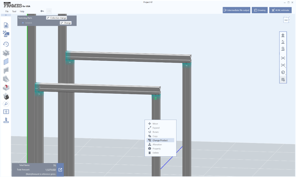 MISUMI FRAMES Software selecting the swap parts feature.