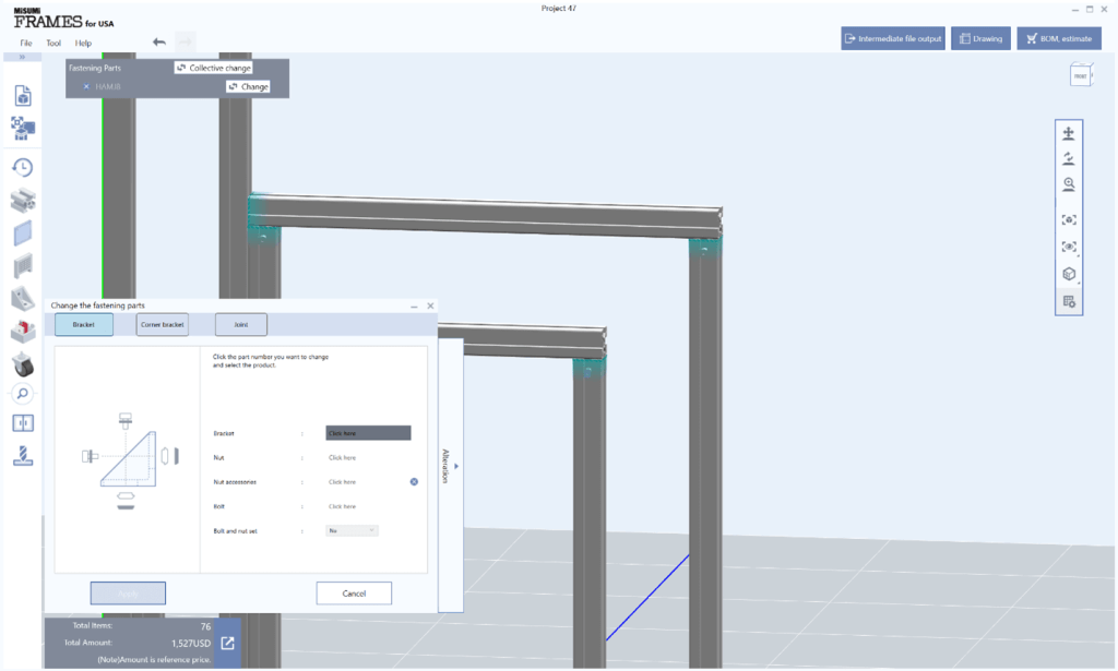 MISUMI FRAMES Software using the swap parts feature to select a new part.