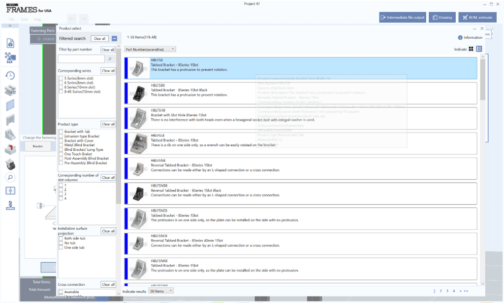 MISUMI FRAMES Software using the swap parts feature showing the list of product options.